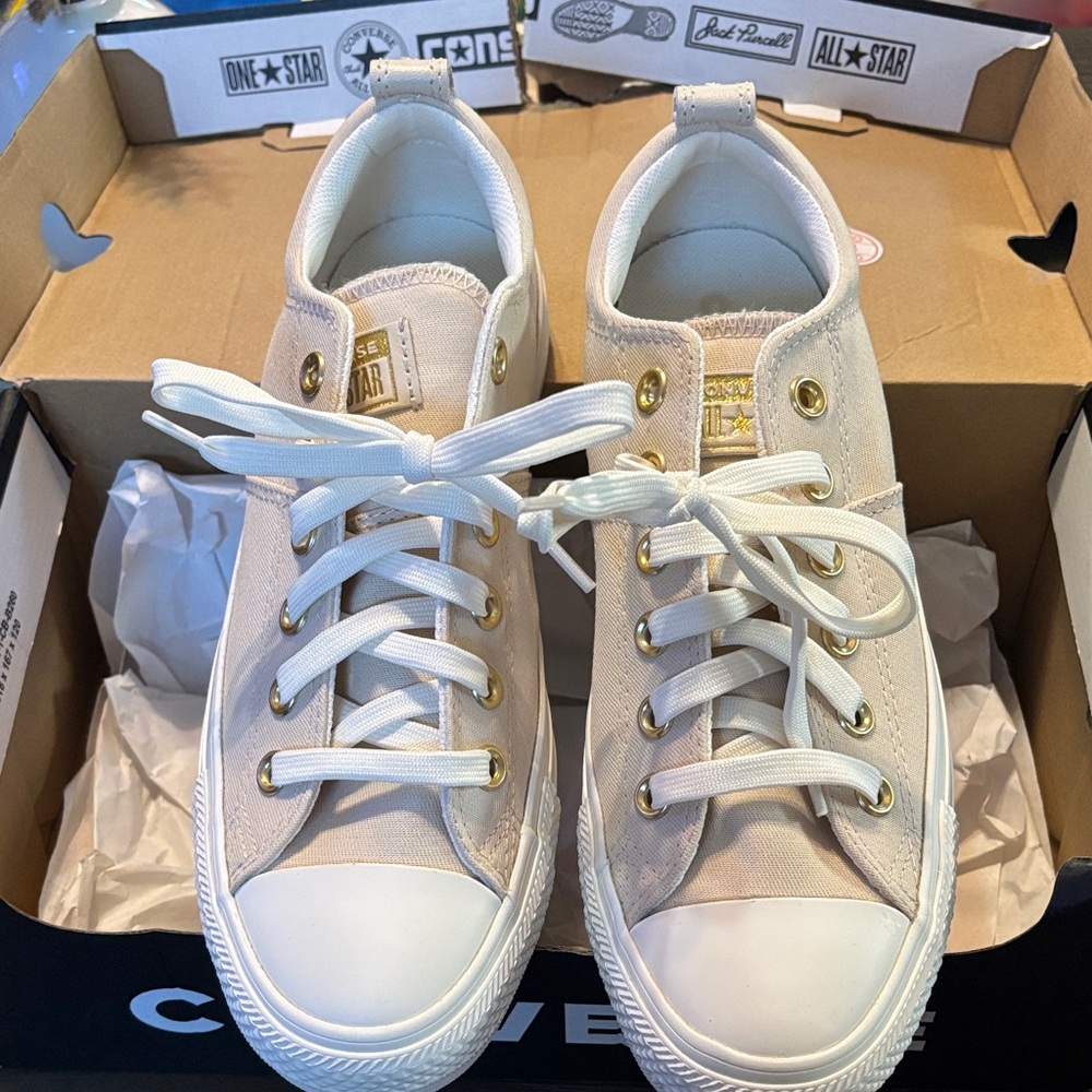 Converse Cream Canvas Sneakers with Gold Accents